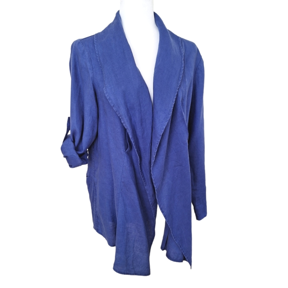 Soft Surrounding Blue Linen Flax Waterfall Open Front Jacket Cardigan SP